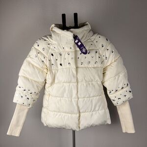 NWT ADT Ivory Rhinestone Puffer Jacket Hooded Crystal Embellished Coat Y2K